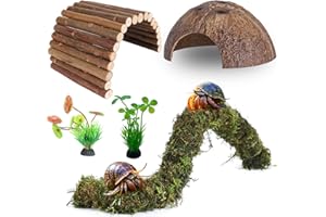 Mechpia Hermit Crab Accessories, Hermit Crab Climbing Toys Bendable Bridge Coconut Shell Hideout Hut Plants for Crested Gecko Chameleon Reptile Amphibians Supplies