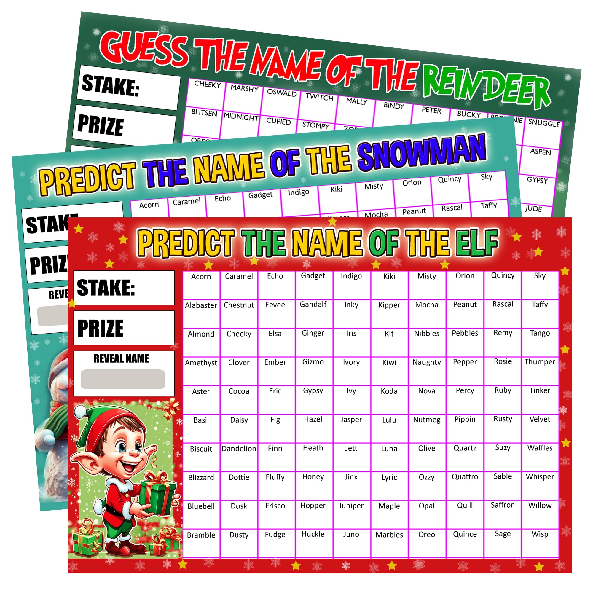 Pack of 3, 100 Names, A4 Size, Predict the Name of the Snowman, Reindeer and Elf Christmas Fundraising Scratch Card Activity, Fundraising Events