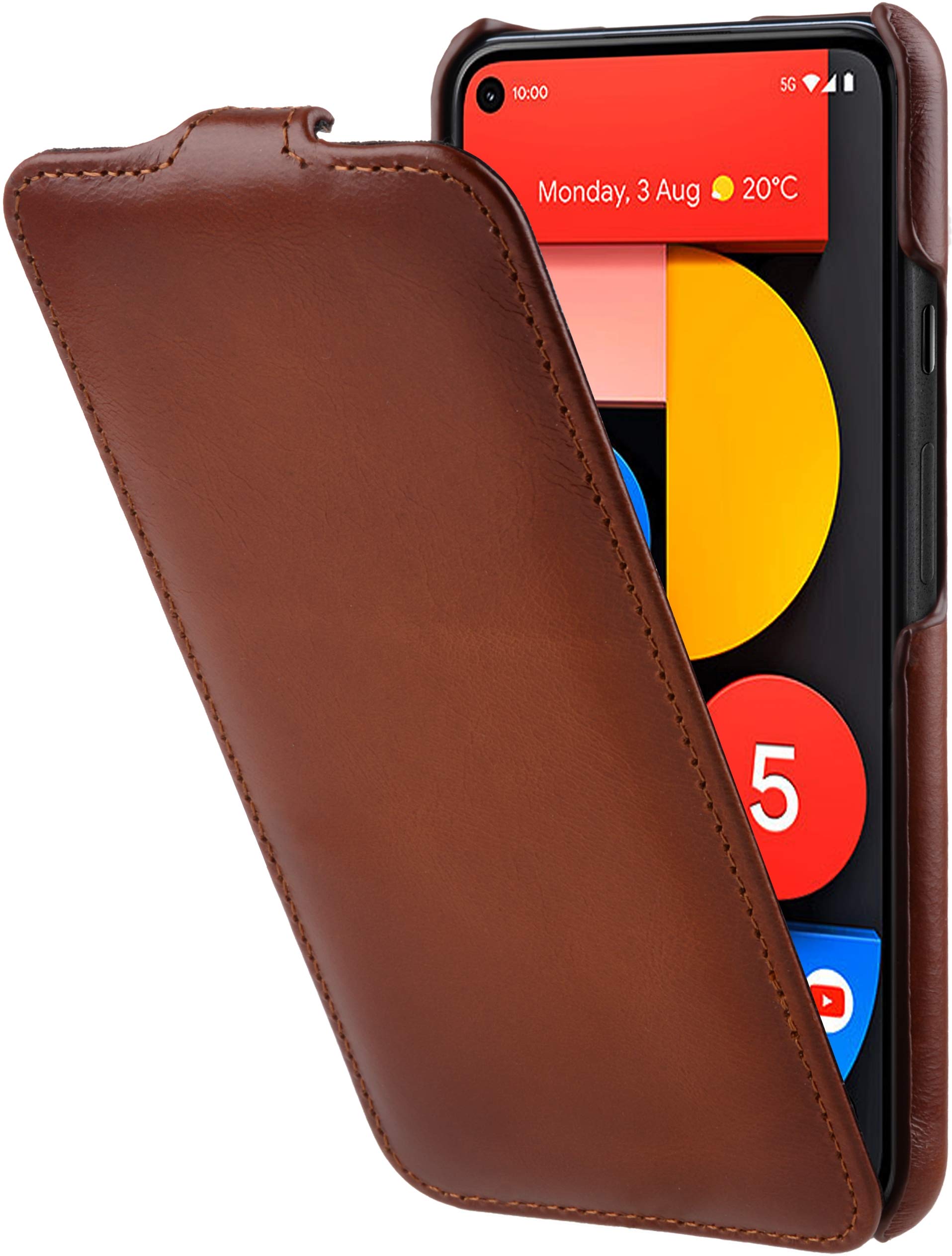 StilGut Slim Vertical Flip Case for Google Pixel 5, Genuine Leather Pixel 5 case, Cognac Antique — image 1