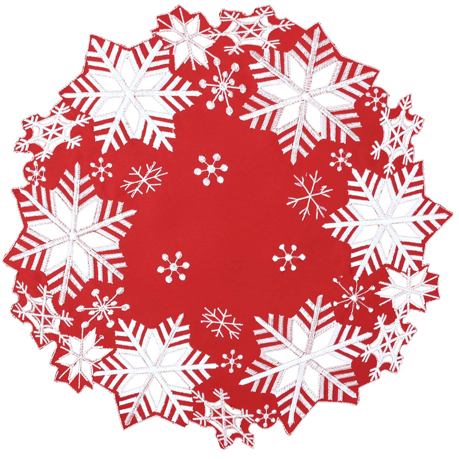 Simhomsen Set of 4 Embroidered Snowflakes Round Doily, Place-mats Round 15 inches for Christmas Holiday and Winter, Dining Table Centerpieces (Red)