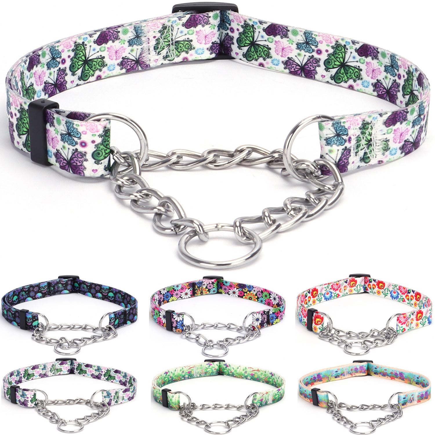 haoyueer Martingale Dog Collar - Stainless Steel Chain, No Pull Training Collar with Flower Design for Large Medium Small Dogs (L, Butterfly)