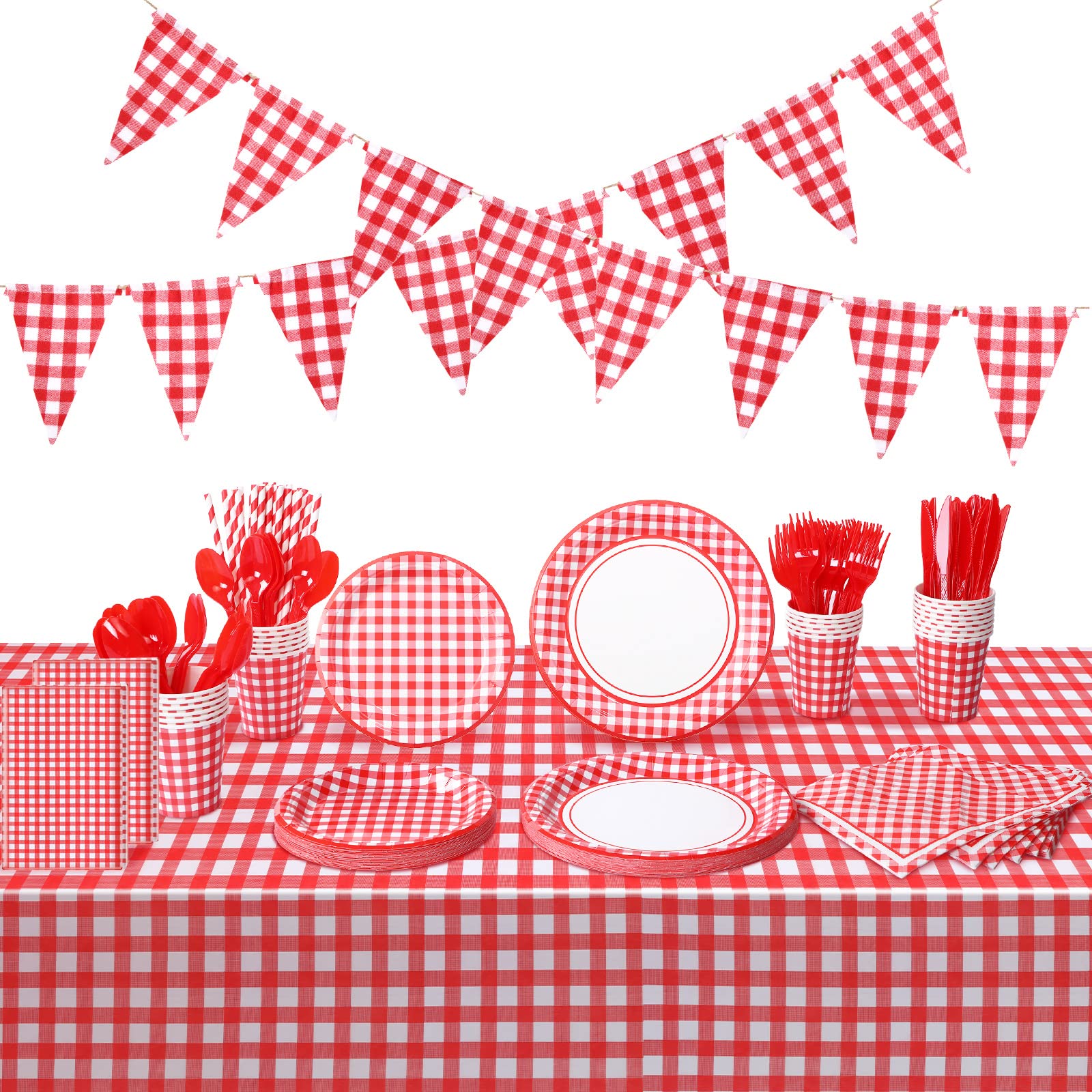 Photo 1 of 205 Pcs Party Supplies for 25 Guest Checkered Plaid Tablecloth Pennant Banner Plate Cup Napkin Cutlery and Straw for Birthday Family Dinner Picnic BBQ Birthday Party Decoration(Red and White)