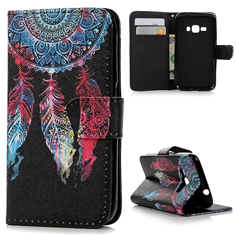 MAXFE.CO Lederhülle Leder Tasche Case Cover für Samsung Galaxy J1 (2016 Edition) Hülle PU Schutz Etui Schale Windspiele Muster Design Backcover Flip Cover Wallet Hardcase im Bookstyle mit Standfunktion Karteneinschub und Magnetverschluß Etui Flip Case