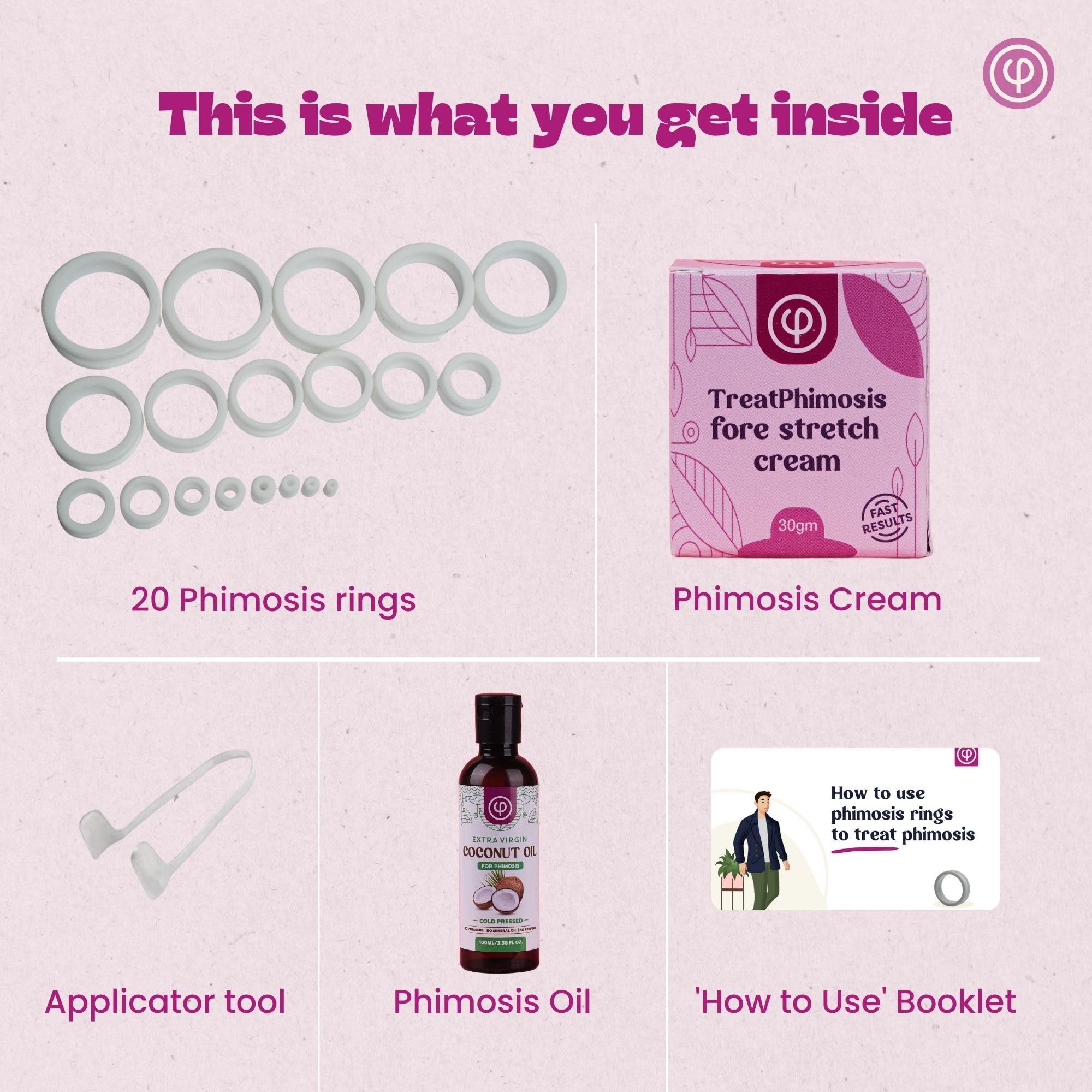 Phimosis Pro Kit with 20 x Phimosis Rings, 1 x Phimosis Cream, 1 x Phimosis oil, 1 x Track Sheet, 1 x 'How to use' booklet | Phimosis home kit | Proven results | Medical grade silicone