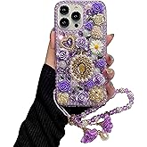 iFiLOVE for iPhone 14 Bling Diamond Case with Flower Strap, 3D Luxury Sparkle Glitter Crystal Rhinestone Pearl Love Rose Wristband Bracelet Case Cover for Girls Women Kids (Purple)
