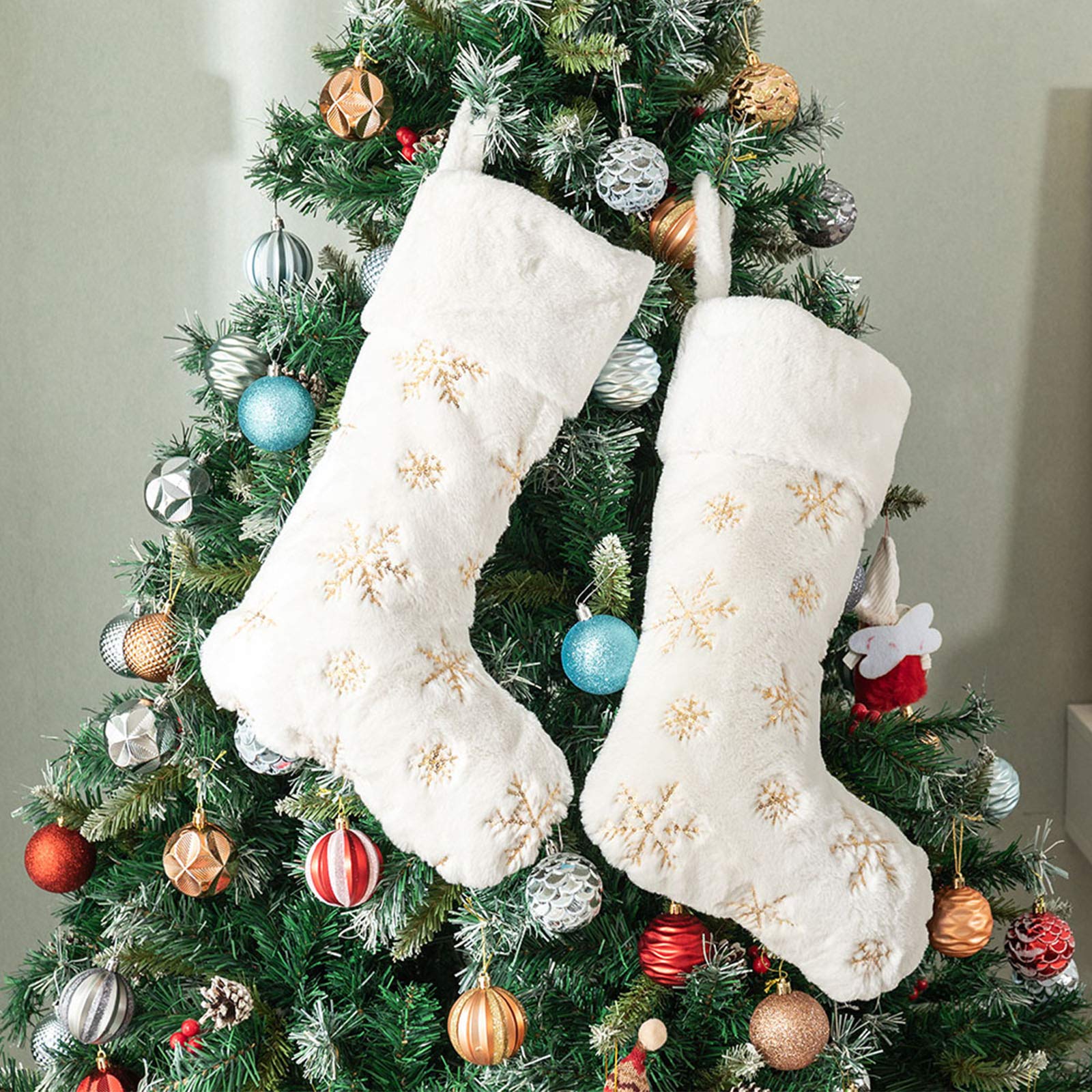 Deggodech 2Pcs Traditional Christmas Stockings White Faux Fur Large 22inch Hanging Xmas Stockings Personalised with Gold Snowflake for Christmas Fireplace Decorations Socks (Gold, 56CM)
