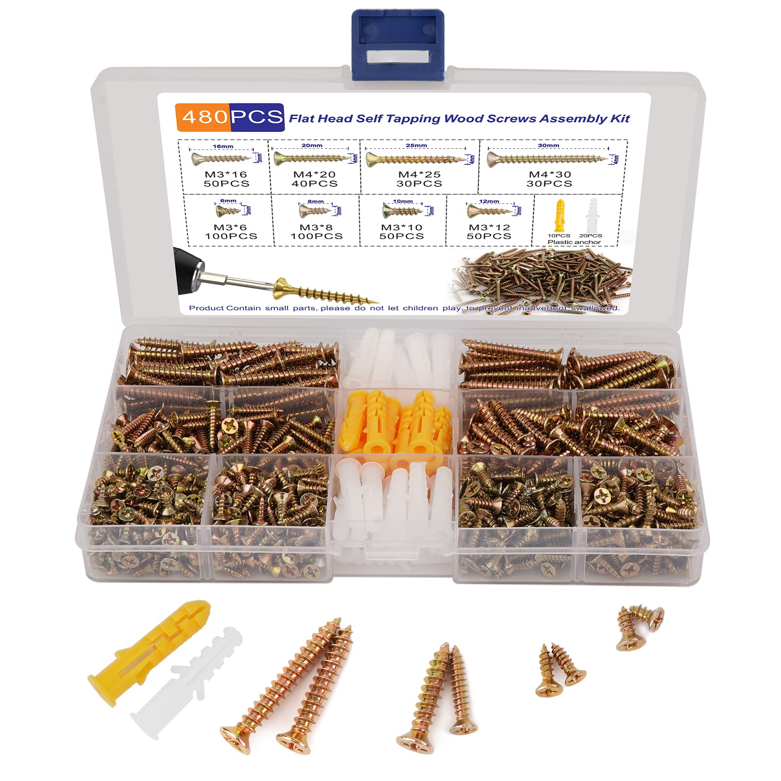 480pcs Wood Screws Assortment, M3 M4 Countersunk Self Tapping Screws, 8 Sizes Zinc Galvanized Screw for Wood with 30pcs Screw Anchorss,for Furniture, Woodworking, DIY Model Fixing