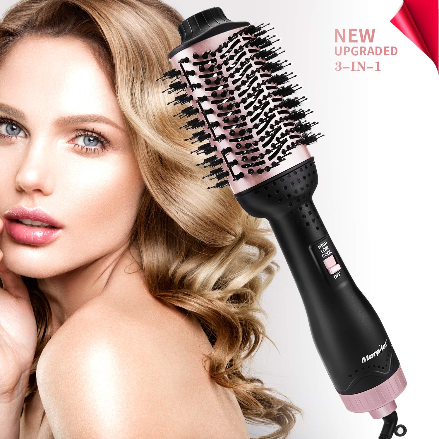 morpilot Spazzola per Asciugacapelli 3 in 1, Asciugacapelli e Volumizzatore Spazzola per aria Calda Loni Negativi Ceramica Asciugacapelli Asciugacapelli Raddrizzatore Spazzola per Capelli