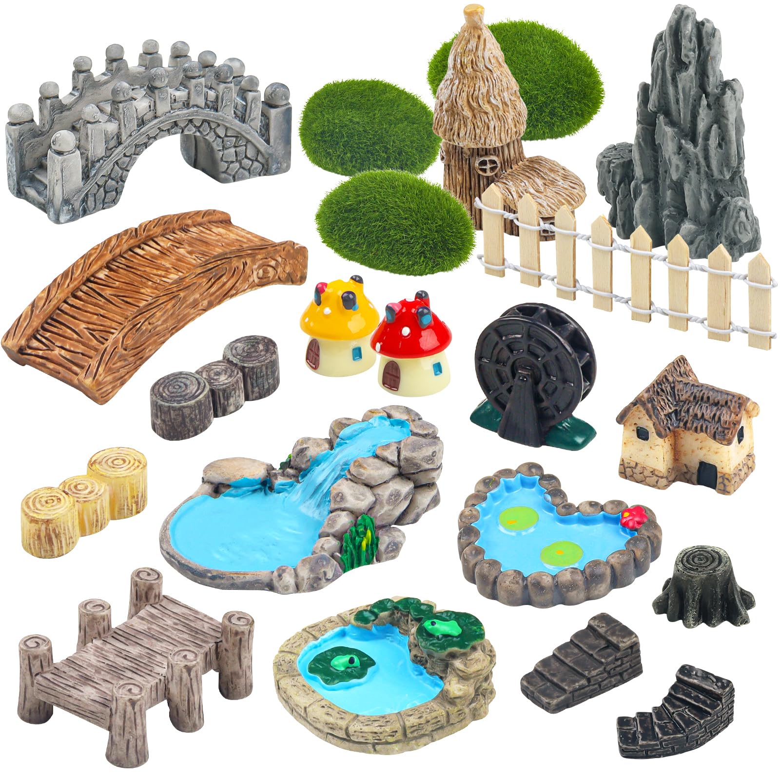 QUOZUO 21 Pcs Fairy Garden Miniatures Accessories Bridge House Landscape Water Well Fence Figurines Pond Mushroom Lawn Garden Ornament for DIY Craft Garden Succulent Decor