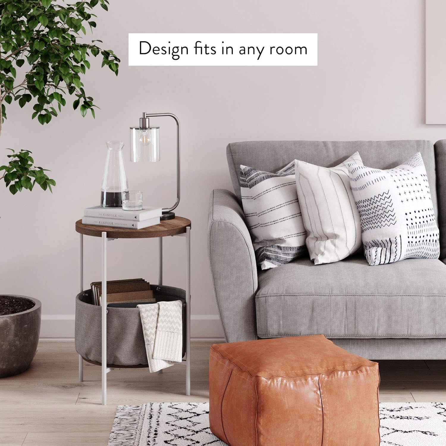 Nathan James Oraa Round Wood Side Table with Fabric Storage, Light Brown/White: Furniture & Decor