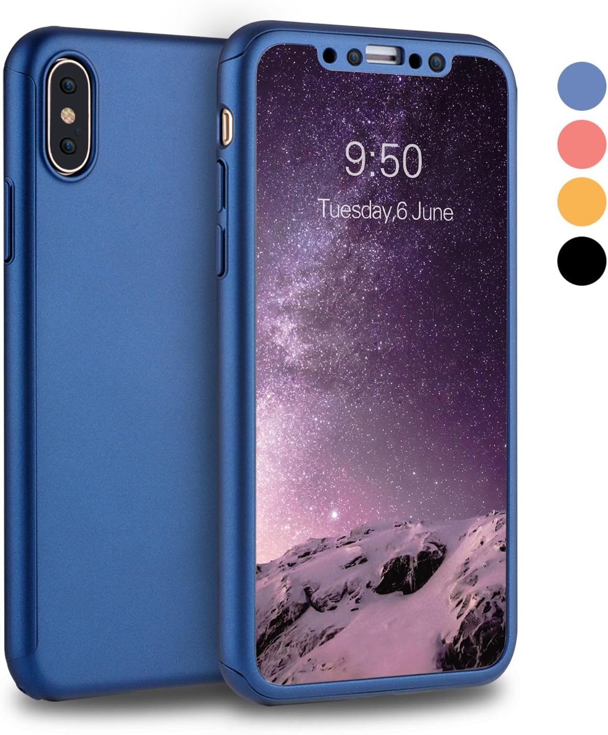 iPhone X Case, iPhone 10 Case, VANSIN 360 Full Body Protection Hard Slim Case Coated Non Slip Matte Surface with Tempered Glass Screen Protector for Apple iPhone X (2017) - Navy Blue