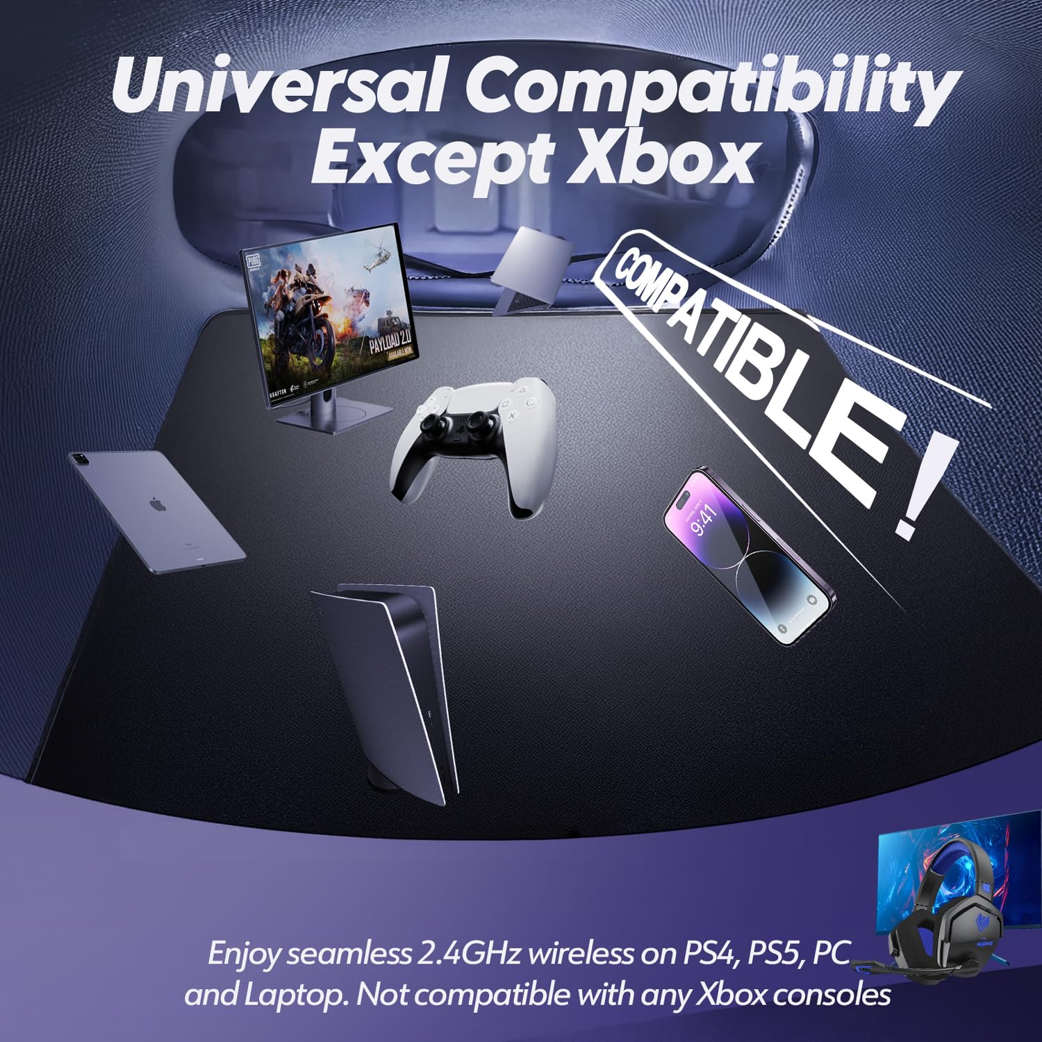 NUBWO Wireless Gaming Headset with Mic for Ps5 Ps4 PC, Zero Interference, 100-Hour Battery All-Day Play, 23ms Sync​ for Fortnite & Call of Duty/FPS Gamers, Triple Mode All Devices Compatible - Blue