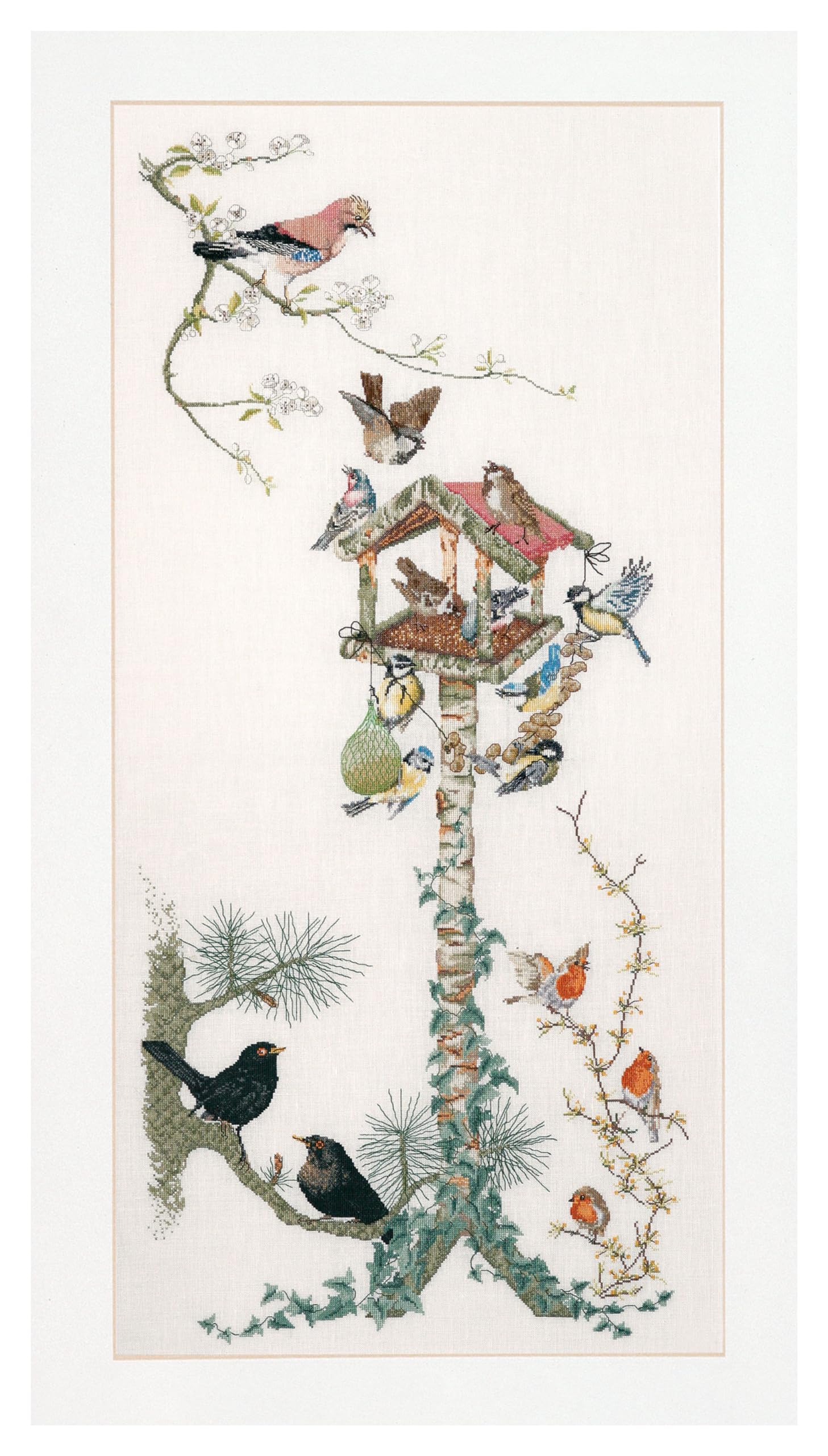 Thea Gouverneur - Counted Cross Stitch Kit - Bird Table - Aida - 18 Count - Embroidery Kit for Adults - DMC Embroidery Threads and Other Cross Stitch Supplies Included - 1065A