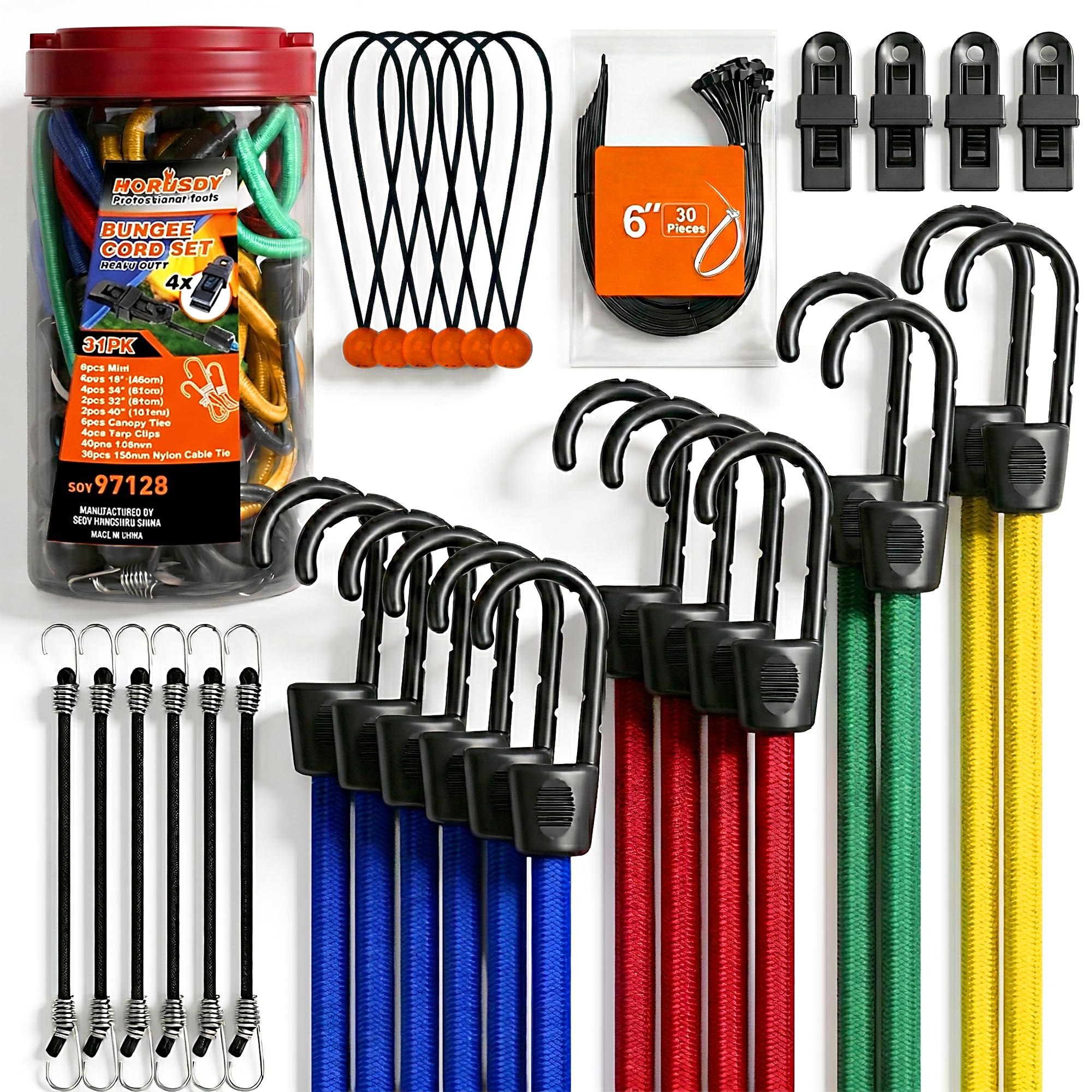 HORUSDY 31-Piece Premium Bungee Cords Assortment Jar,Includes 10”,18”,24”,32”,40” Bungee Cords, 6“ Zip Ties, 8”Canopy/Tarp Ball Ties and Crocodile Mouth Tarp Clips