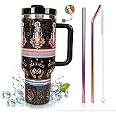 KJXRHQZ 40oz Stainless Steel Travel Mug with Handle – Double-Wall Insulated Cup with 2 Straws (Bent & Straight) & 1 straw hat – Mexican Folk Art Design – for Coffee, Tea & Cold(Drinks(Totems)