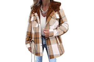Zeagoo Womens Plaid Shacket Jacket Long Sleeve Fleece Hooded Jackets Fall Winter Warm Coat S-2XL