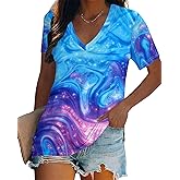 Women Tie Dye V-Neck Shirts Summer Vintage Tunic Tops Fashion Casual Swing Short Sleeve Shirts Blouse Soft Tee