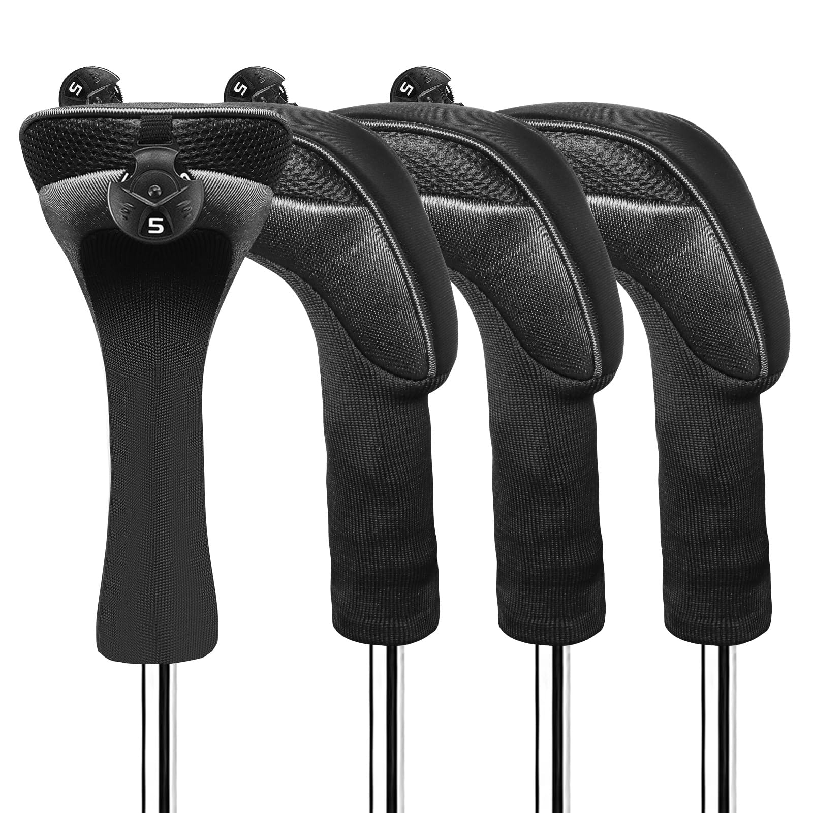 FINGER TEN Golf Club Head Covers Woods Hybrids Long Cover, Headcovers with Interchangeable No. Tags Fit All Hybrids Wood Clubs Light Durable (Dark-4 Pack Hybrid Covers)