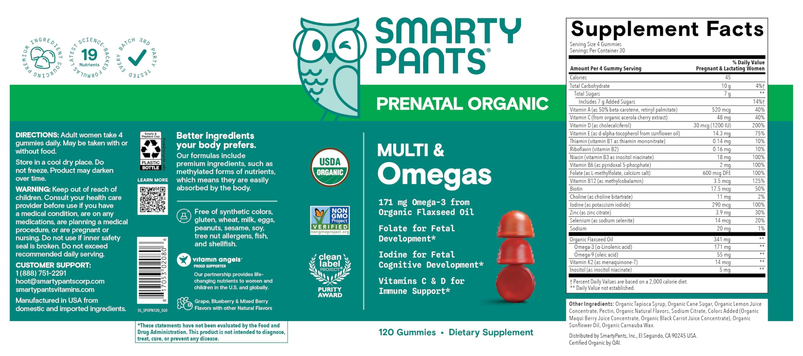 SmartyPants Organic Prenatal Vitamins for Women, Multivitamin Gummies: Biotin, Methylfolate, Omega 3 (ALA), Vitamin D3, C, Vitamin B12, B6, A, K2 & Zinc, Choline, Vegetarian, 120 Count (30 Day Supply)