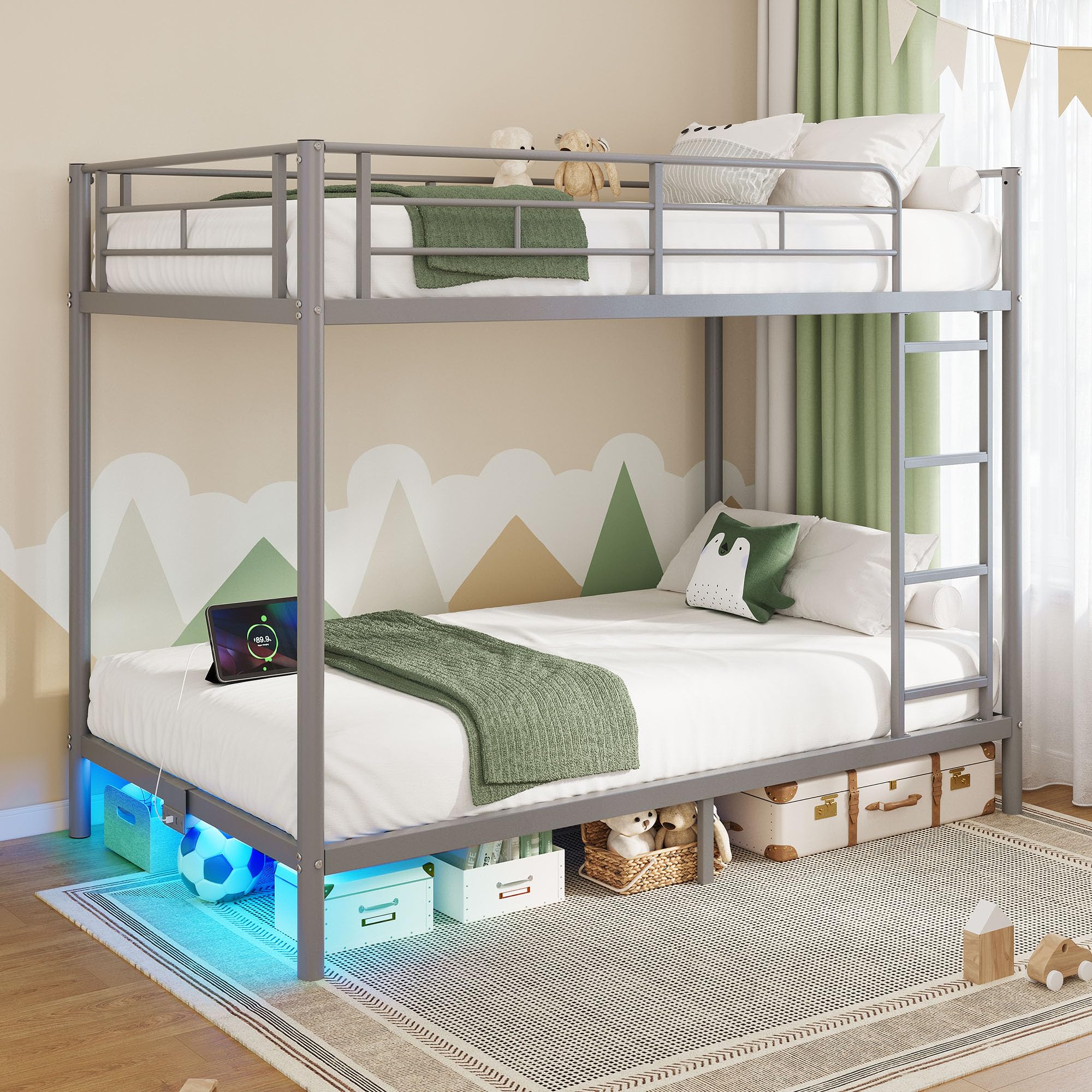 Rolanstar Metal Bunk Bed Full Over Full with USB Charging Station, LED Bunk Bed & Space-Saving, Bed with Safety Guardrail & Ladders, No Box Spring Needed, Easy Assembly, Grey Image