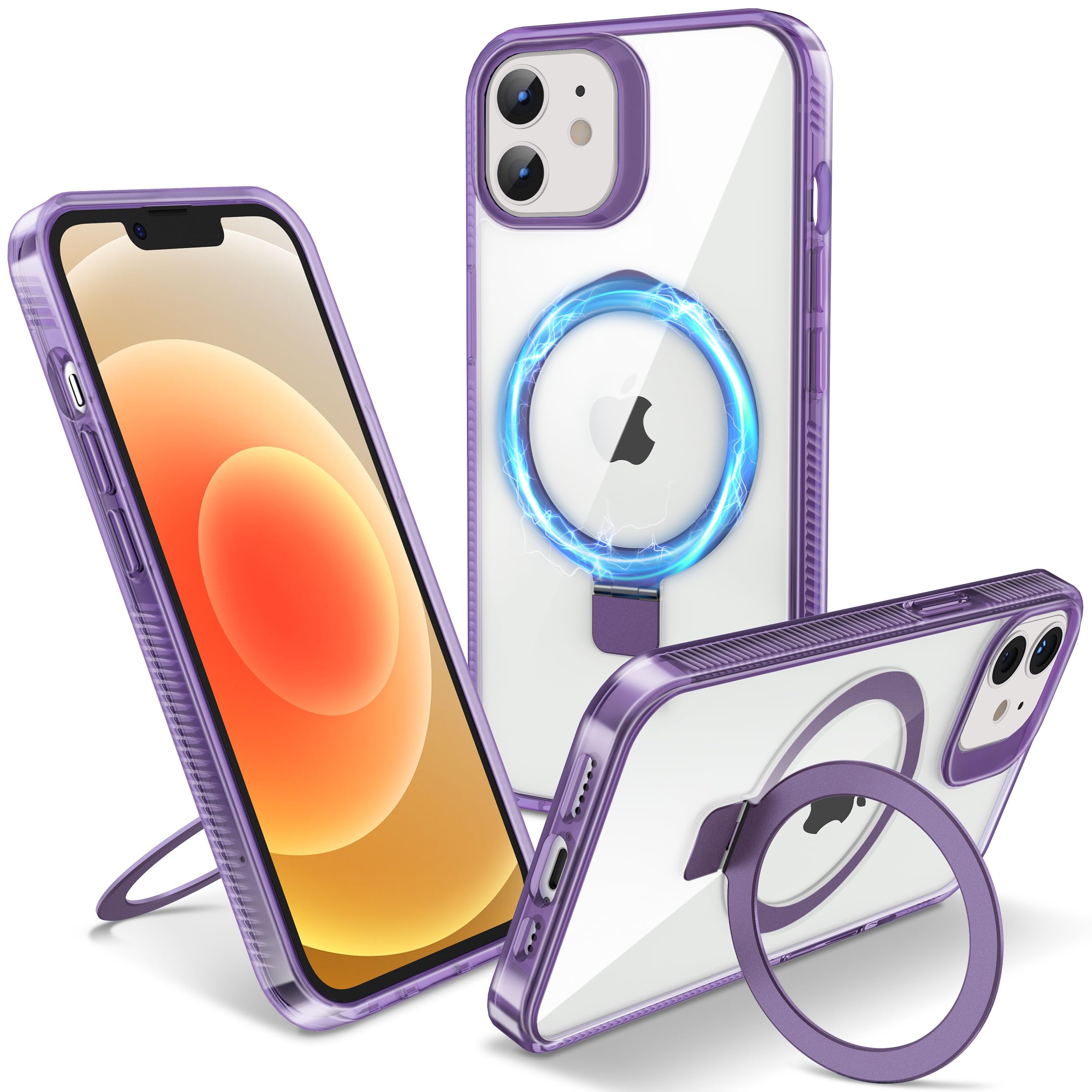 Flyzoo Magnetic Kickstand Case for iPhone 12/12 Pro, [Compatible with MagSafe & Invisible Ring Stand Holder] [Non-Yellowing & Shockproof] Transparent Hard Silicone Edge Cover, 6.1'', Clear Purple