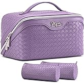 BOYATU Travel Makeup Bag Cosmetic Bags for Women: Large Capacity 3 Pcs Set Make up Bag with Compartments - Waterproof Vegan Leather Toiletry Organizer Bags with Handle (L01 Purple)