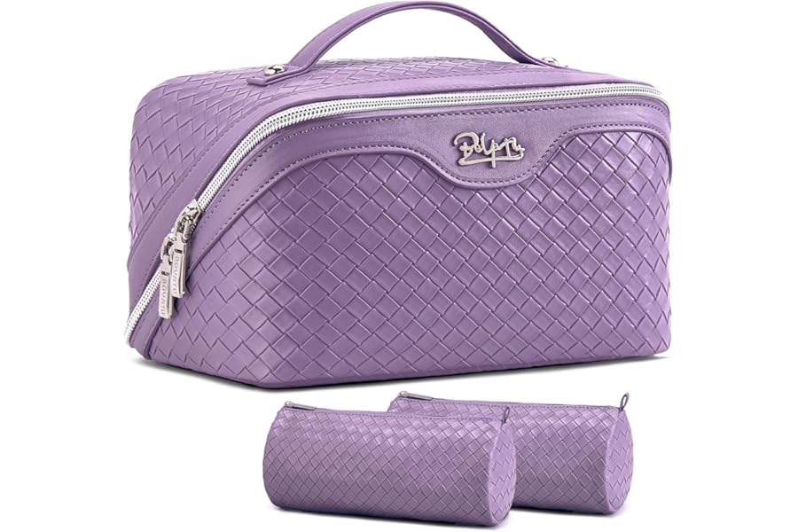 BOYATU Travel Makeup Bag Cosmetic Bags for Women: Large Capacity 3 Pcs Set Make up Bag with Compartments – Waterproof Vegan Leather Toiletry Organizer Bags with Handle (L01 Purple)