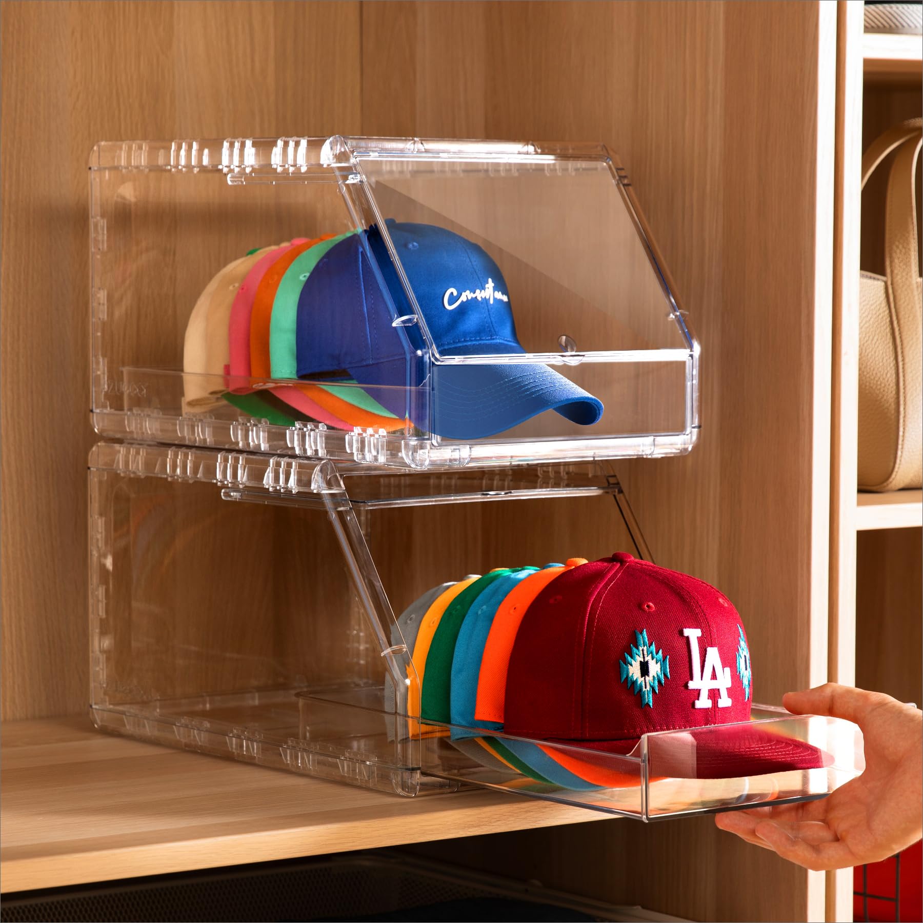 Photo 1 of Ozueccr 2 Pack Hat Organizer for Baseball Caps – Stackable Clear Display Box with Sliding Drawer, Holds 15 Baseball Caps, Closet and Shelf Organizer for Hats, Transparent Display with Anti-Slip Feet