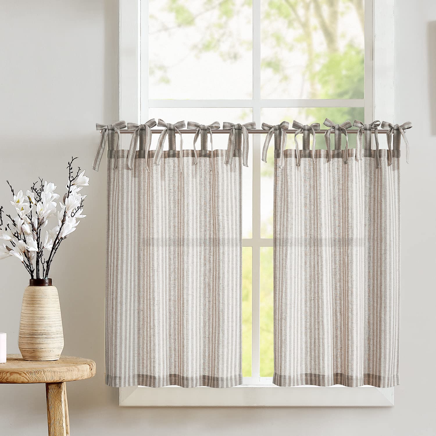 Photo 1 of jinchan Tie Top Linen Kitchen Curtains 24 Inch Length Striped Tier Curtains Ticking Stripe Small Drapes for Living Room Bathroom Cafe Small Window Farmhouse Rustic Rod Pocket 2 Panels Taupe Grey