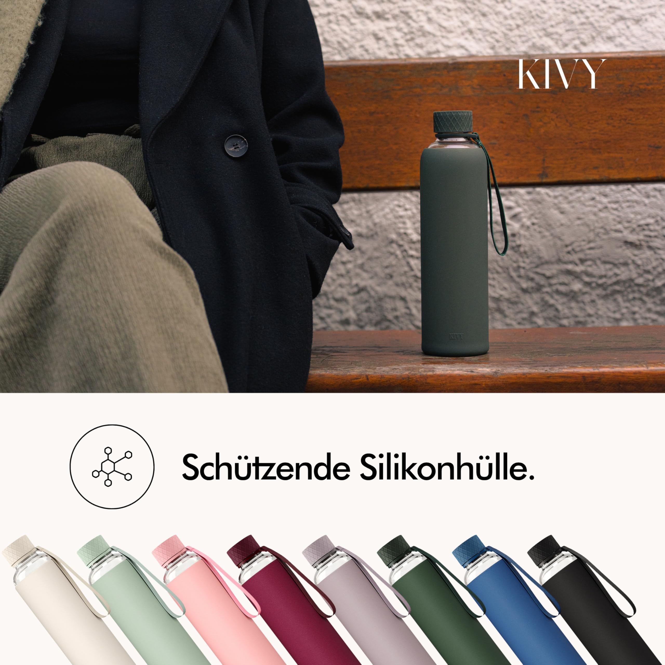 KIVY Glas Trinkflasche 1l mit Silikonschutz - Kohlensäure geeignet 4