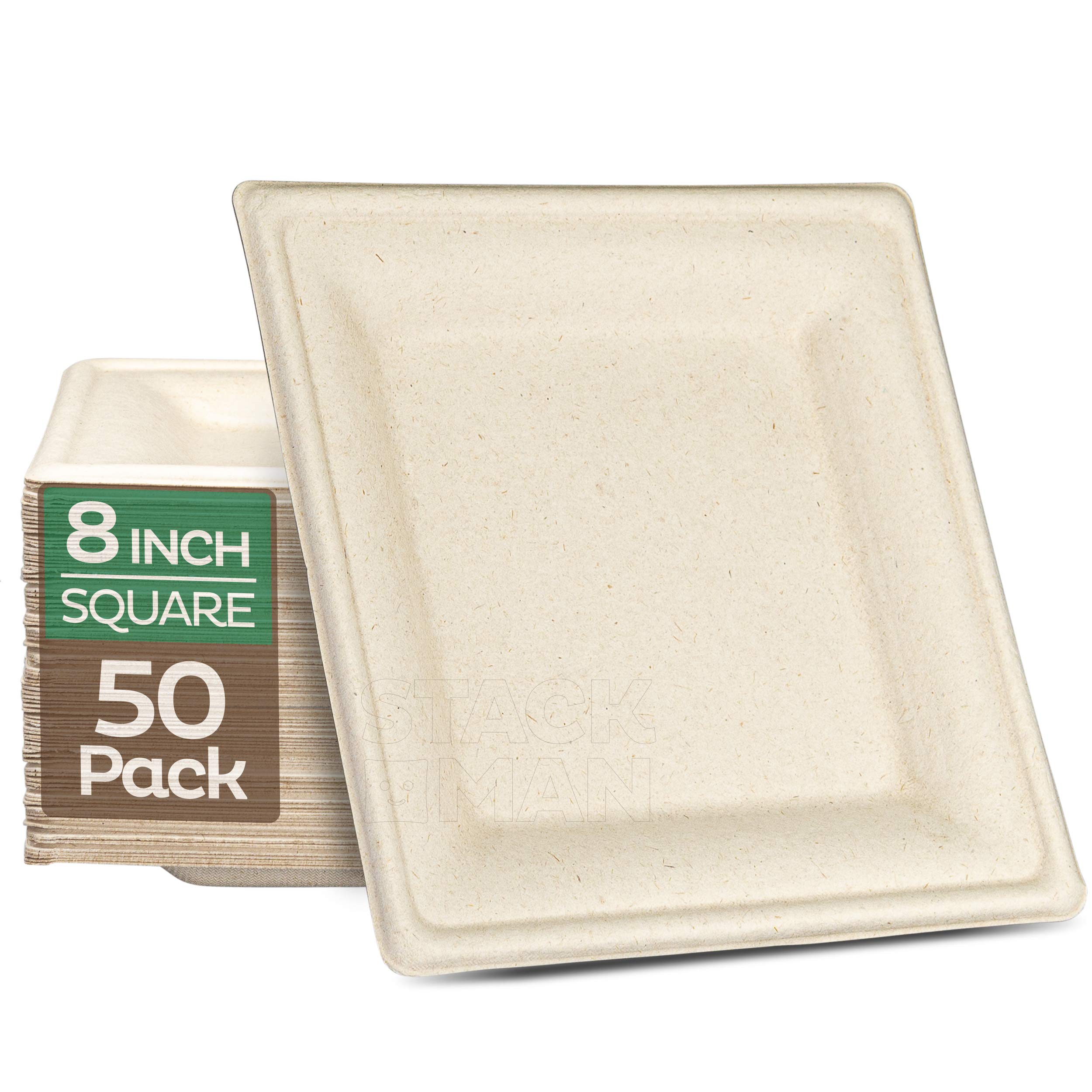 100% Compostable Square Paper Plates [50-Pack] - {PFAS-Free} - {BPI Certified} - [8 Inch] Heavy Duty, Eco-Friendly, Biodegradable Bagasse Dinner Plates - Natural Brown 8