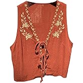 SHENHE Women's Plus Size Bow Tie Front Floral Embroidered Vests V Neck Sleeveless Boho Linen Tops