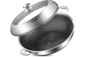 DELARLO Tri-Ply Stainless Steel Wok Pan with Lid 14 Inch Non Stick,Woks & Stir-Fry Pans Nonstick 6QT Deep Frying Pan, Inducti