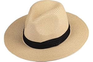 DRESSVOGUER Straw Fedora Sun Hat for Women Men Wide Brim Panama Hat Straw Summer Beach Hat UPF 50+