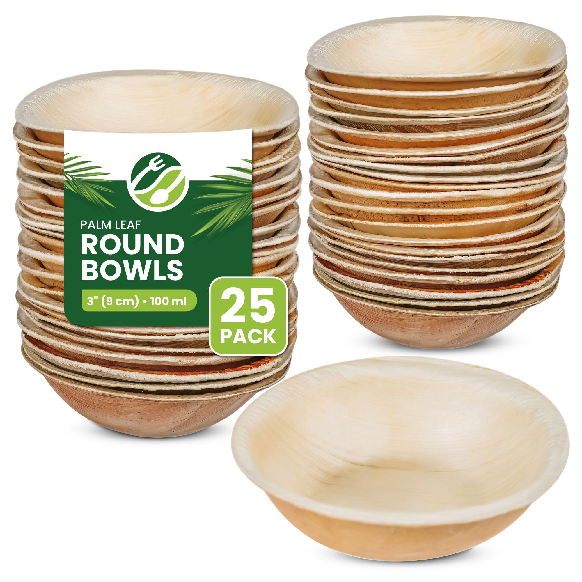 Eco Leaf 25 Disposable Palm Leaf Mini Round Bowls, 3" (9cm), 100ml (3oz) - Biodegradable Snack Bowls, Sauce Pots, Ketchup & Mayo Pots, Eco-Friendly, Microwave & Oven Safe for Parties