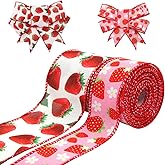Strawberry Wired Ribbon 2Rolls - 10Yards, Red and White Strawberry Fabric Ribbon Roll Fruit Theme for Baby Shower, Gift Wrapping, Spring Summer Party Wreaths, DIY Crafts, Trims, Hair Bow Making