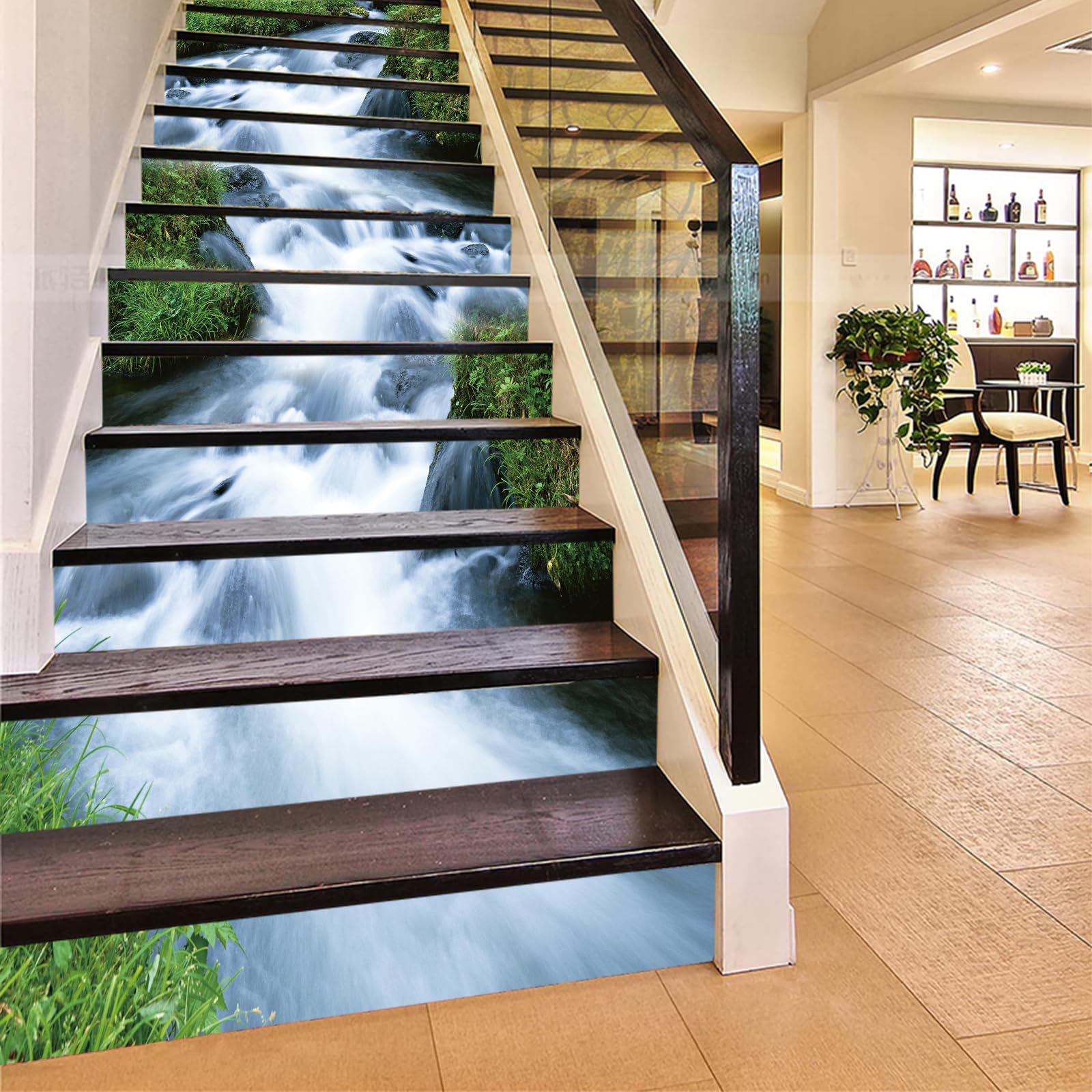 FLFK 13Pcs Stair Risers Stickers Peel and Sick 39.37"x7.08", Vinyl Staircase Stickers Decals, Green Grass Streams Landscape Mural Wallpaper for Stair Steps