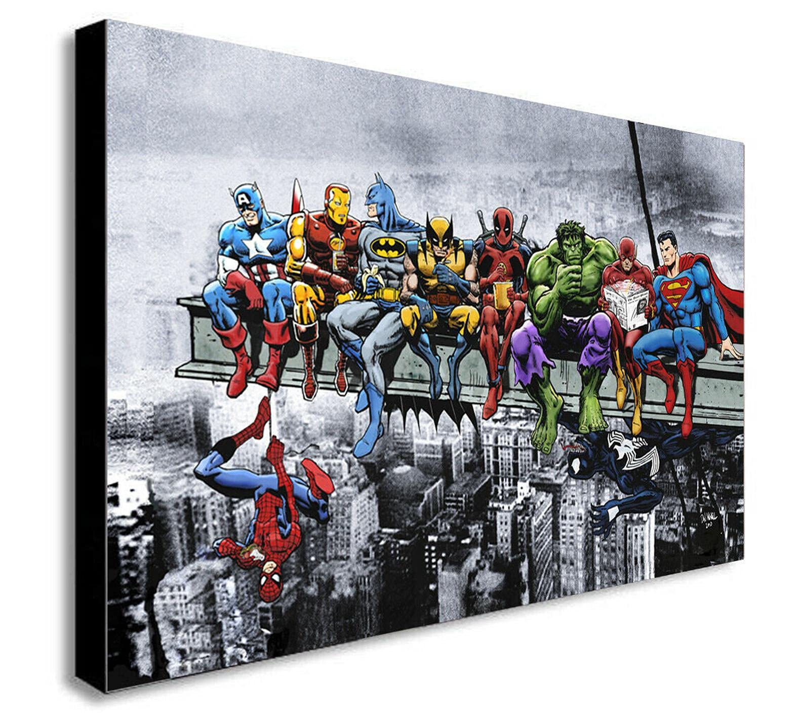 Fab Canvas - Superheroes Lunch Atop Skyscraper - Canvas Wall Art Framed Print - 16 x 12 inches