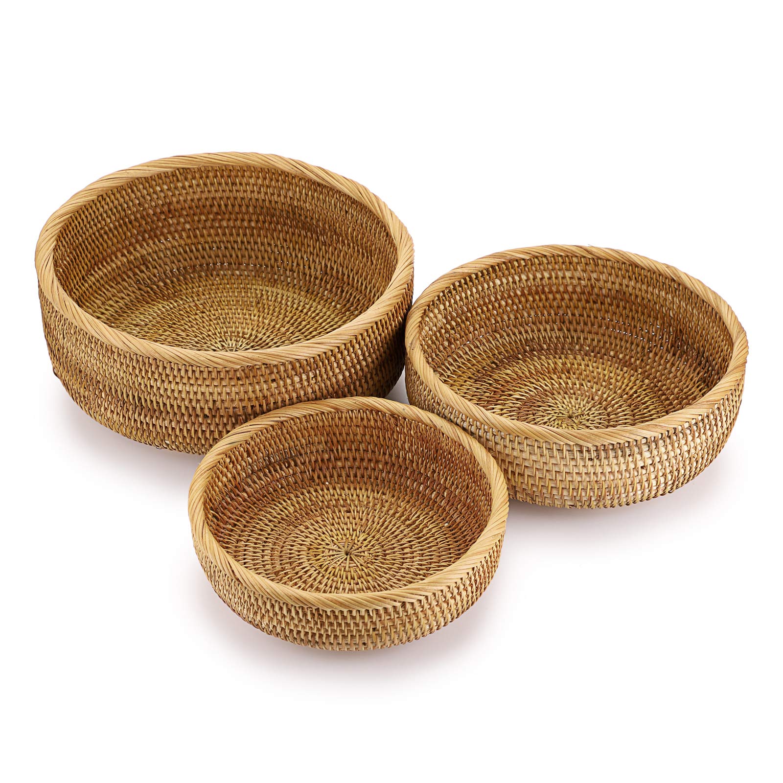 Sumnacon Set of 3 Round Rattan Woven Fruit Basket Bread Serving Baskets Snack Storage Bowls Table Desktop Countertop Decorative Display Storage Baskets