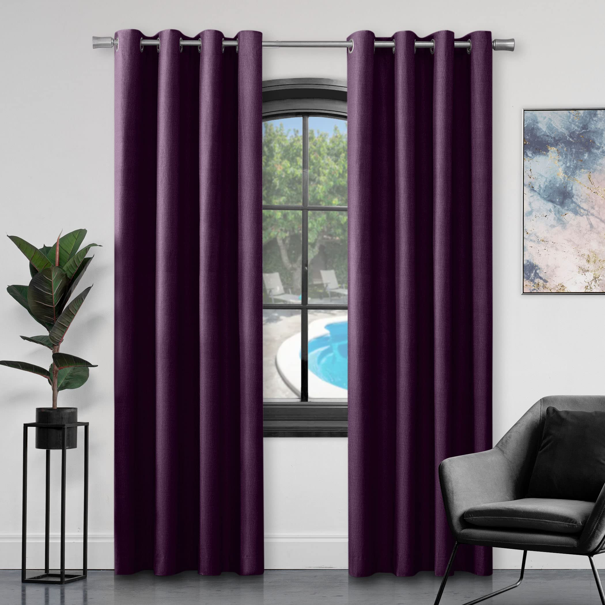 GC GAVENO CAVAILIA Luxury Faux Silk Curtains Eyelet Top Fully Lined Ring Top Curtain Pairs With Two Tie Backs, Aubergine, 90X108 Inch