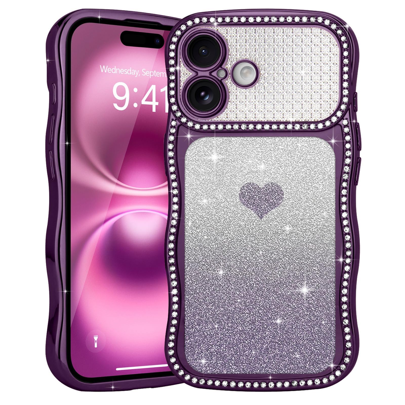 Teageo for iPhone 16 Case for Women Girls Luxury Glitter Bling Diamond Rhinestone Cover, Cute Curly Wave Frame Love Heart Full Camera Protection Shockproof Clear Phone Case for iPhone 16, Purple