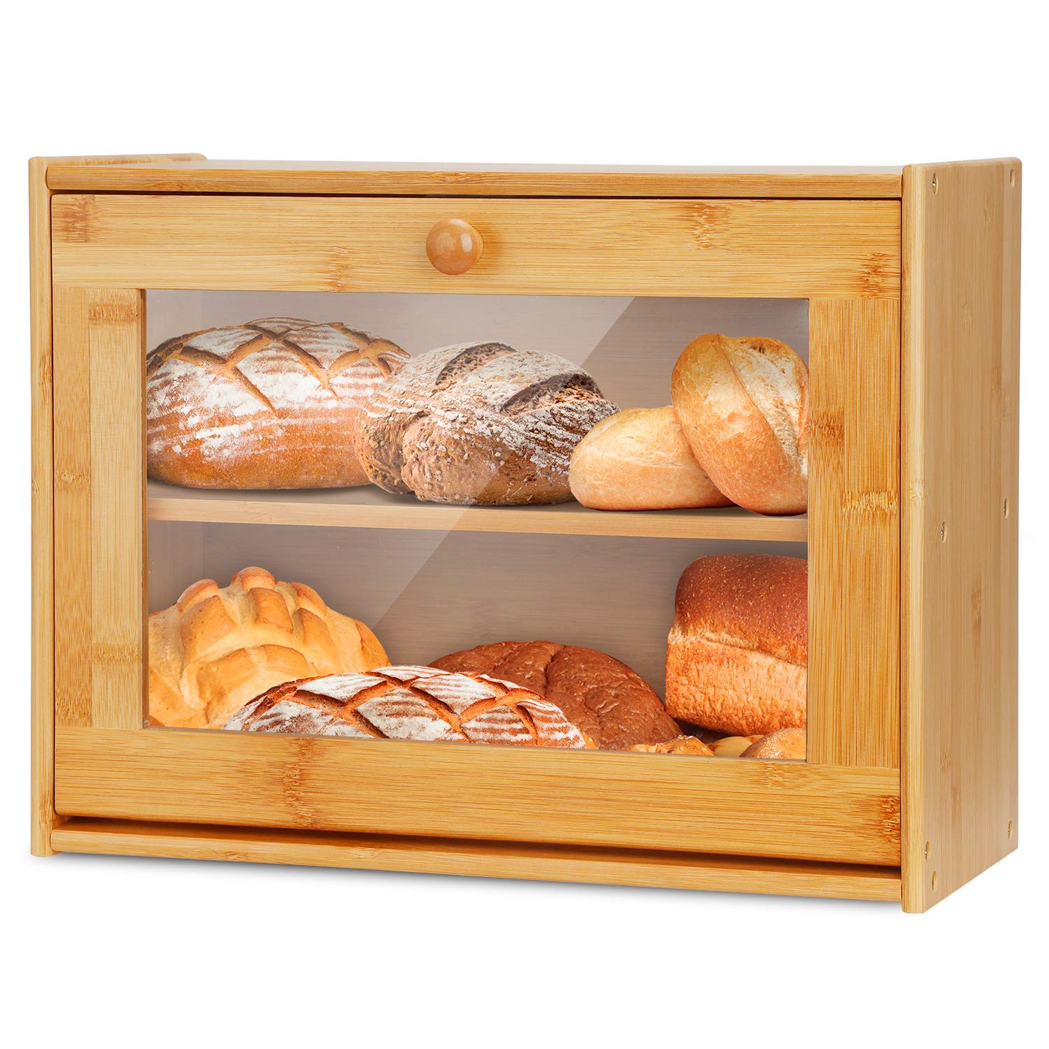 Bossjoy Double Layer Bamboo Bread Box with Clear Window, Large Capacity Bread Storage Bin- Kitchen Countertop Storage Box for Bread, Pastries & Baked Goods - Easy Self-Assembly Organizer