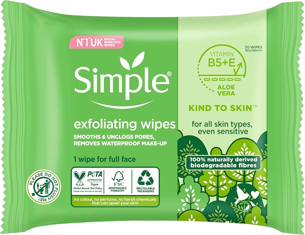 Simple Exfoliating Biodegradable Face Wipes for Sensitive Skin - 20 Wipes
