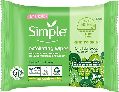 Simple Exfoliating Biodegradable Face Wipes for Sensitive Skin - 20 Wipes