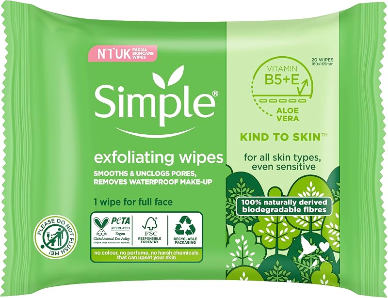 Simple Exfoliating Biodegradable Face Wipes for Sensitive Skin - 20 Wipes