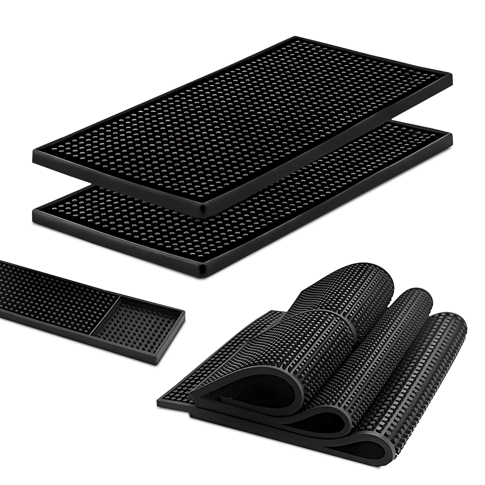 Rubber Bar Mat Pack of 4 – 12x6 Inch Non-Slip Bar Mat, Drying Mat for Glasses & Utensils, Heavy Duty Spill Protection, Kitchen Mat for Home Bar, Coffee Bar Mat, Bartender Drink Service & Counters