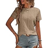 KILISU Womens Eyelet Embroidery Short Sleeve Round Neck Shirts Summer Loose Fitting T Shirt Hollow Out Top 2024