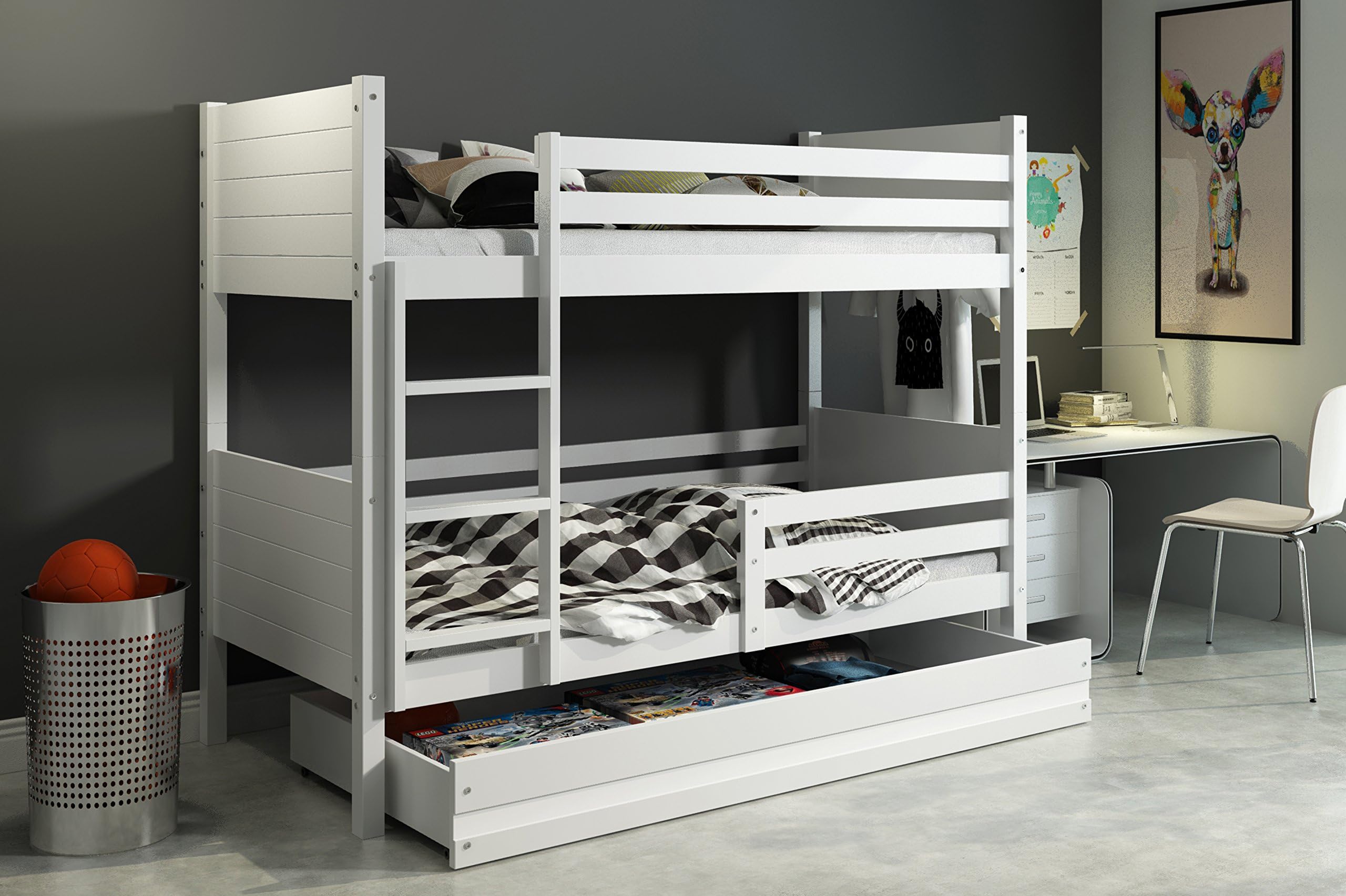 CLIR 190x90 3ft Standard children's bunk bed, solid wooden beds for kids, white, graphite +free storage (White)