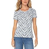Liverpool Los Angeles Short Sleeve Scoop Neck Knit Top with Miter Front - Viscose-Blend Construction Indigo Ikat Stripe PXL One Size