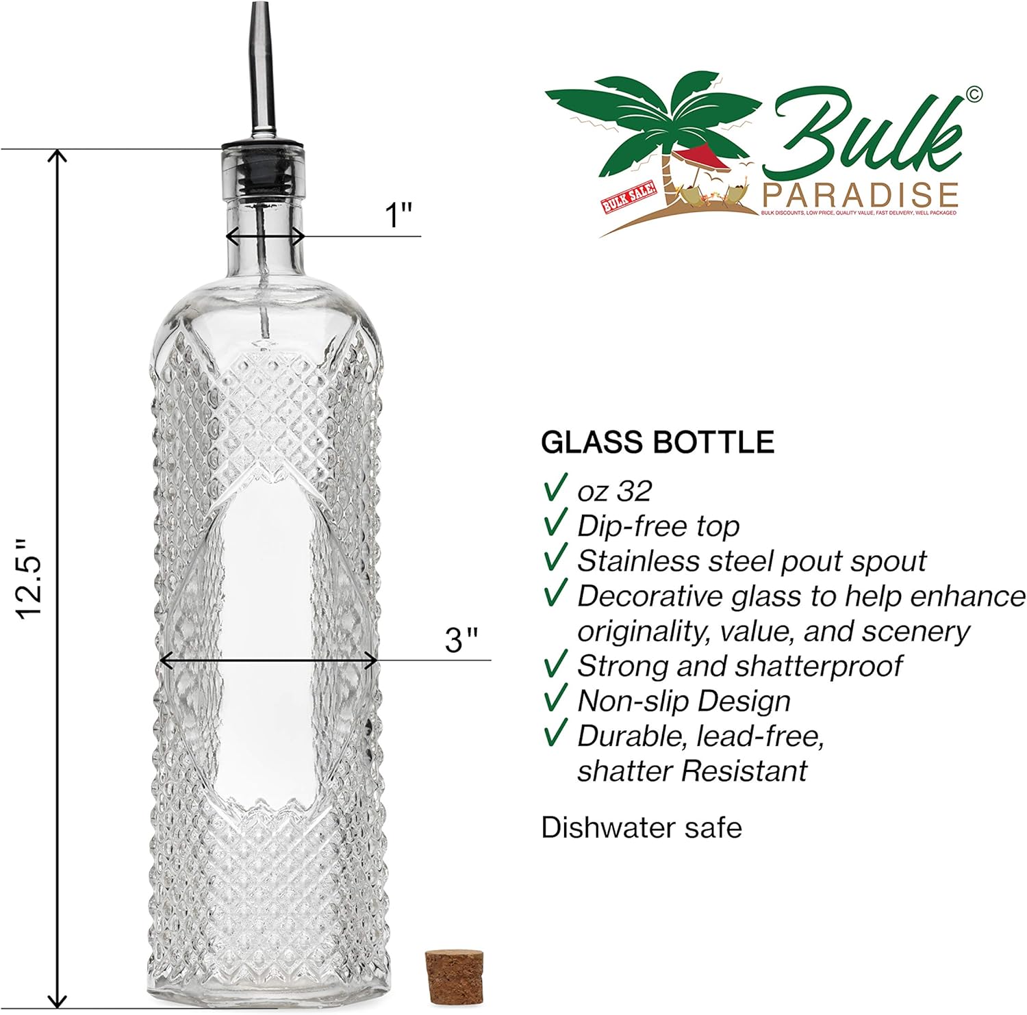 Large Clear Decorative Glass Bottle with Spout and Cork, 32oz, 1 Bottle - Design: Kristal (3in X 11.9in): Home Improvement
